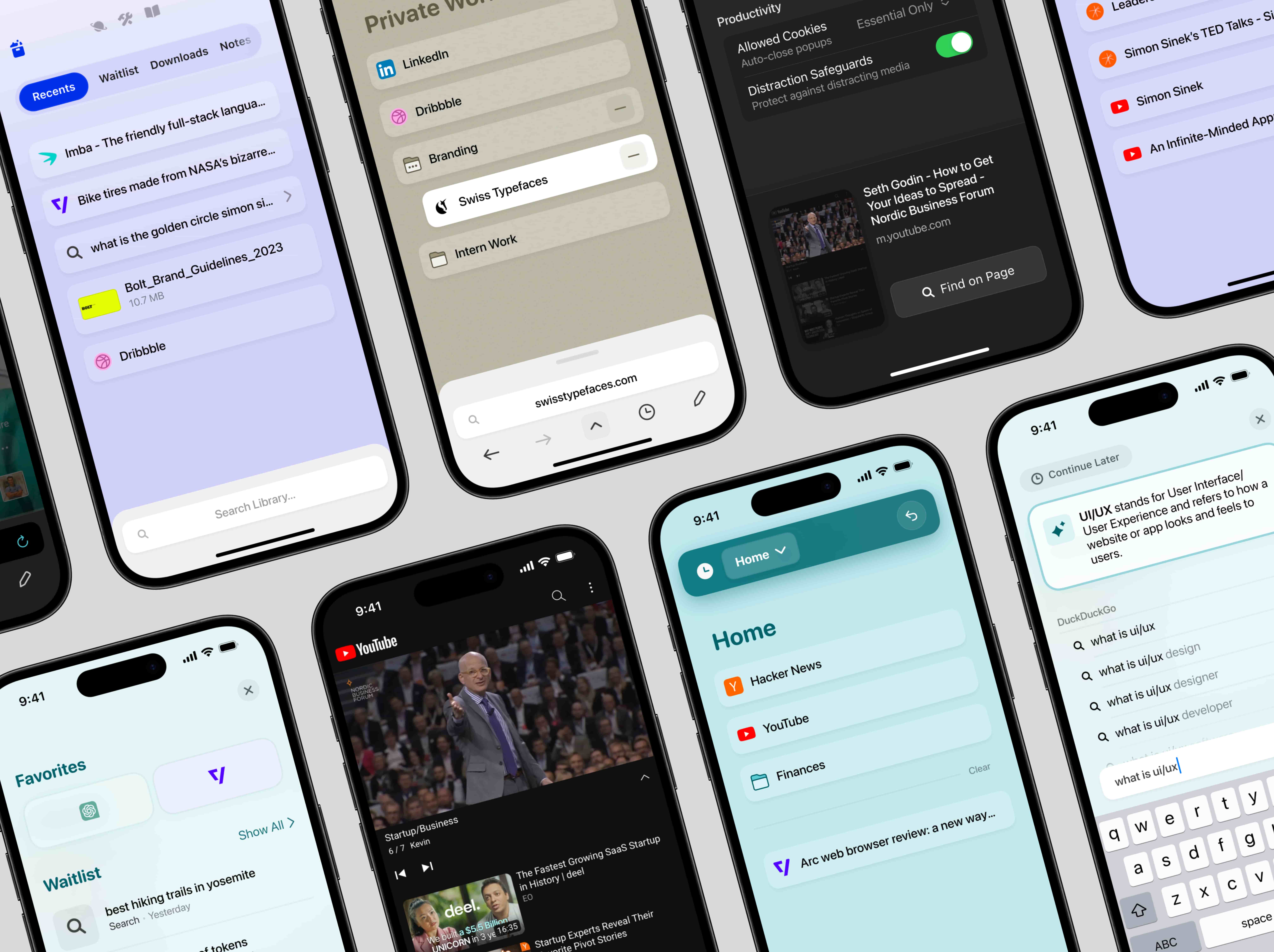 A showcase of multiple screens from across the whole Arc for iOS redesign