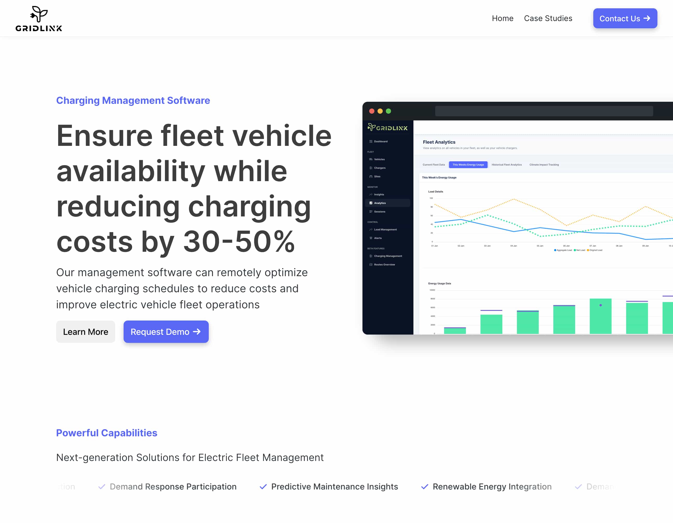 A screenshot of the GridLink EV fleet management platform landing page