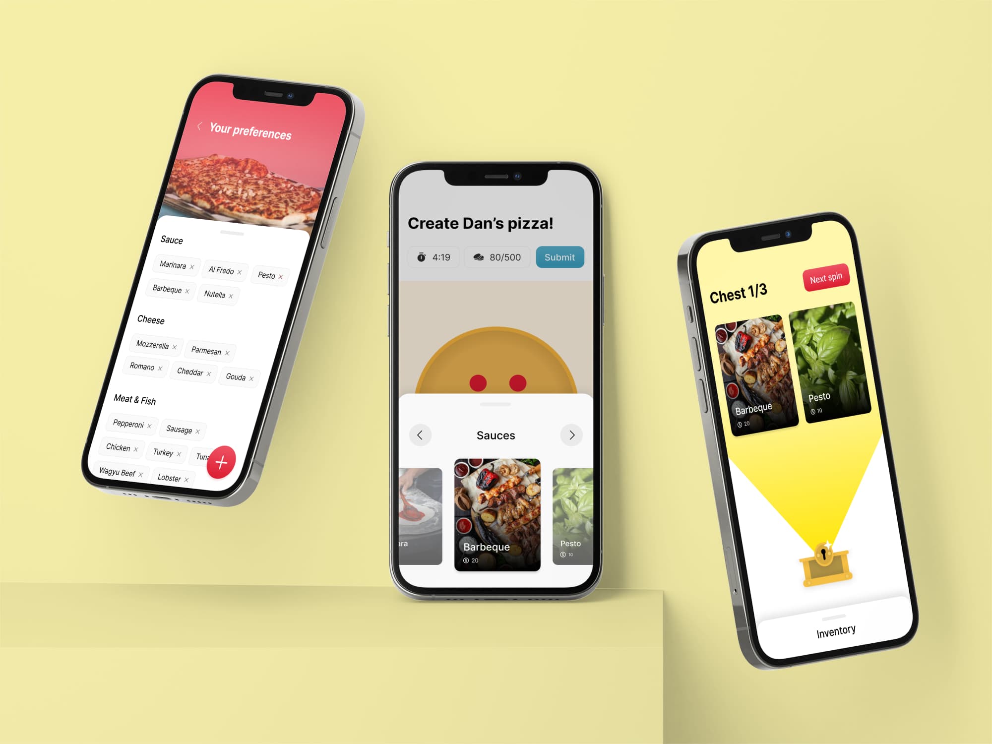 Three iPhone mockups of a mobile app prototype for gamified group pizza ordering
