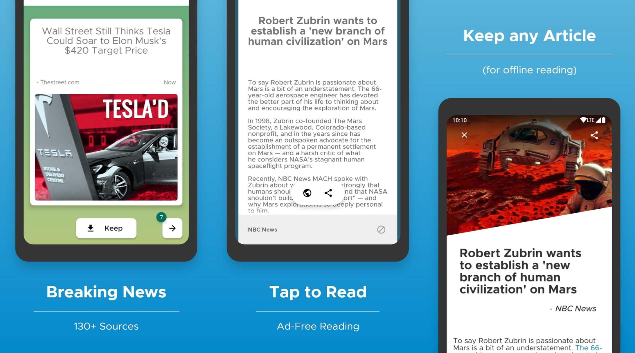 Side-by-side promotional Android mockups for an offline news-reading app