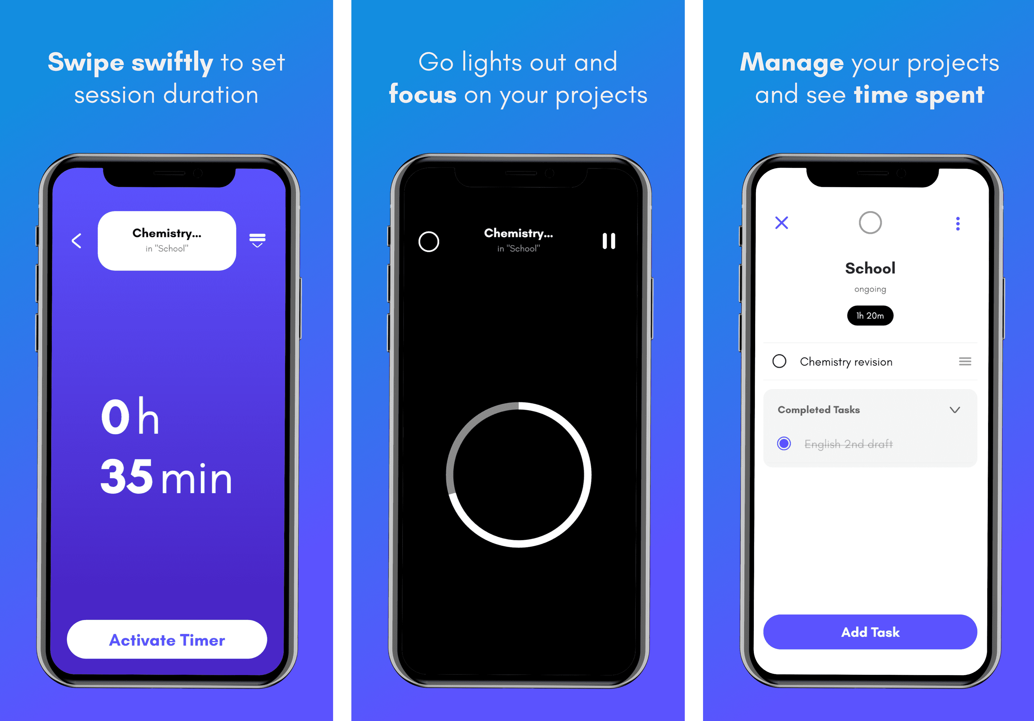 Side-by-side iPhone mockups of a task app with a focus timer