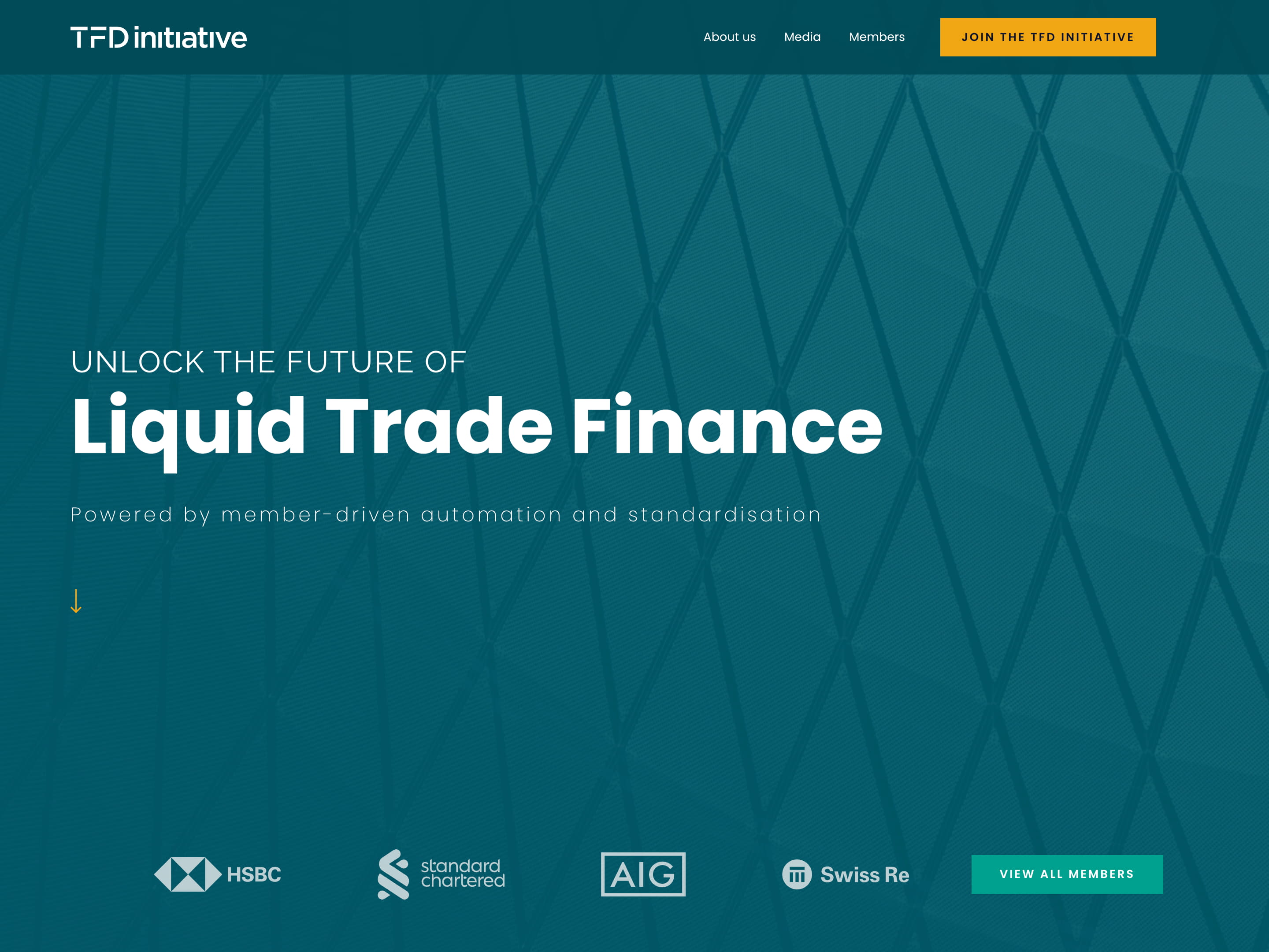 Hero section of the Trade Finance Distribution Initiative's landing page with a clear CTA and social validation
